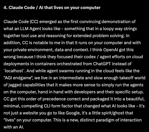 Screenshot from Karpathy's 2025 LLM Year in Review - Section 4 about Claude Code as AI that lives on your computer, describing it as the first convincing demonstration of an LLM Agent that runs locally with access to private environment, data, and context