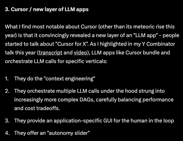 Screenshot from Karpathy's 2025 LLM Year in Review - Section 3 discussing Cursor as a new layer of LLM apps, explaining how these apps do context engineering, orchestrate multiple LLM calls into DAGs, provide application-specific GUIs, and offer an autonomy slider